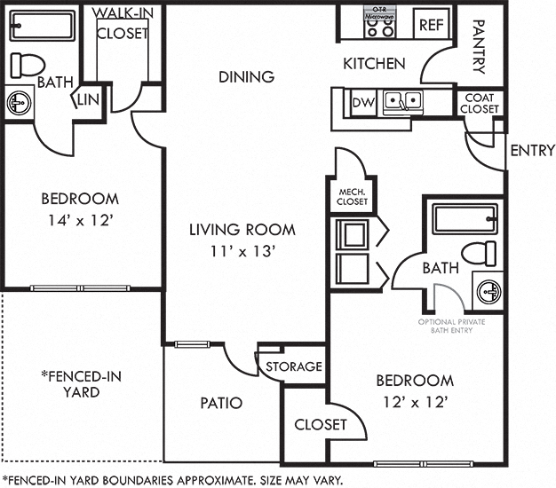 Floor plan for 2 beds, 2 baths, 980 sqft